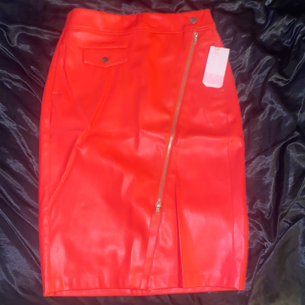 Red faux leather, pencil skirt